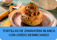 Tortillas de zanahoria blanca con cerdo dsmechado